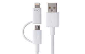 Android-Geräte mit Micro-USB-Anschluss, iPhones und iPads mit Lightning-Anschluss – einen einheitlichen Anschluss für Ladegeräte gibt's nicht. Das PNY 2in1-Kabel soll ein Kabel für alle Fälle sein. 