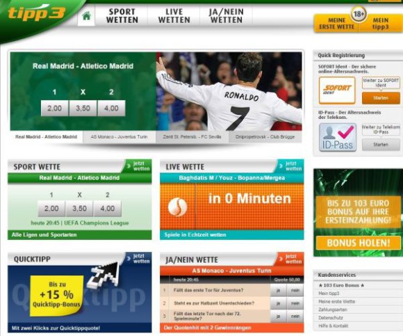 Screenshot der Website des Sportwettenanbieters Tipp3.de 