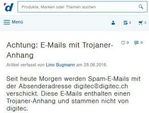 Digitec warnt vor Trojaner Mails 