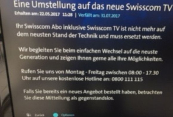 «Ihr Swisscom-TV-Abo ist nicht mehr auf dem neusten Stand der Technik» 