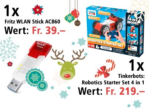Am 7. Dezember ein Tinkerbots: Robotics Starter Set 4 in 1 und einen Fritz WLAN Stick AC860 gewinnen. 