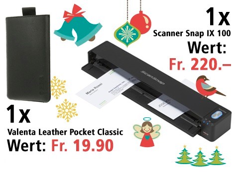 Am 10. Dezember einen Fujitsu Scanner Snap IX 100 und eine Valenta Leather Pocket Classic gewinnen. 