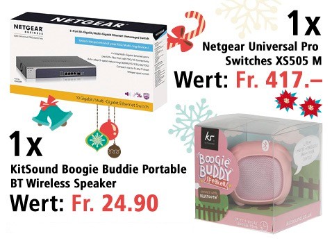 Am 16. Dezember Netgear Universal Pro Switches XS505 M und KitSound Boogie Buddie Portable BT Wireless Speaker - Pig gewinnen 