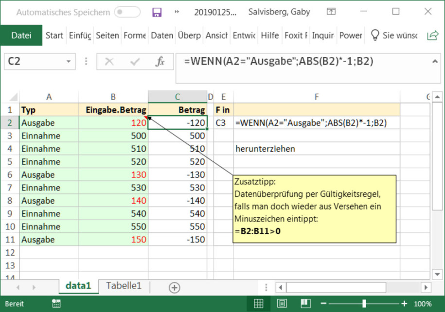 Excel: eingetippte Zahl in Minuszahl verwandeln - onlinepc.ch