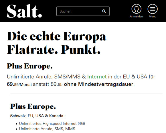 Salt All-inclusive-Mobilpaket für Europa in der Schweiz 