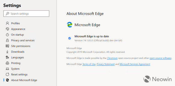 Edge mit Chromium-Unterbau