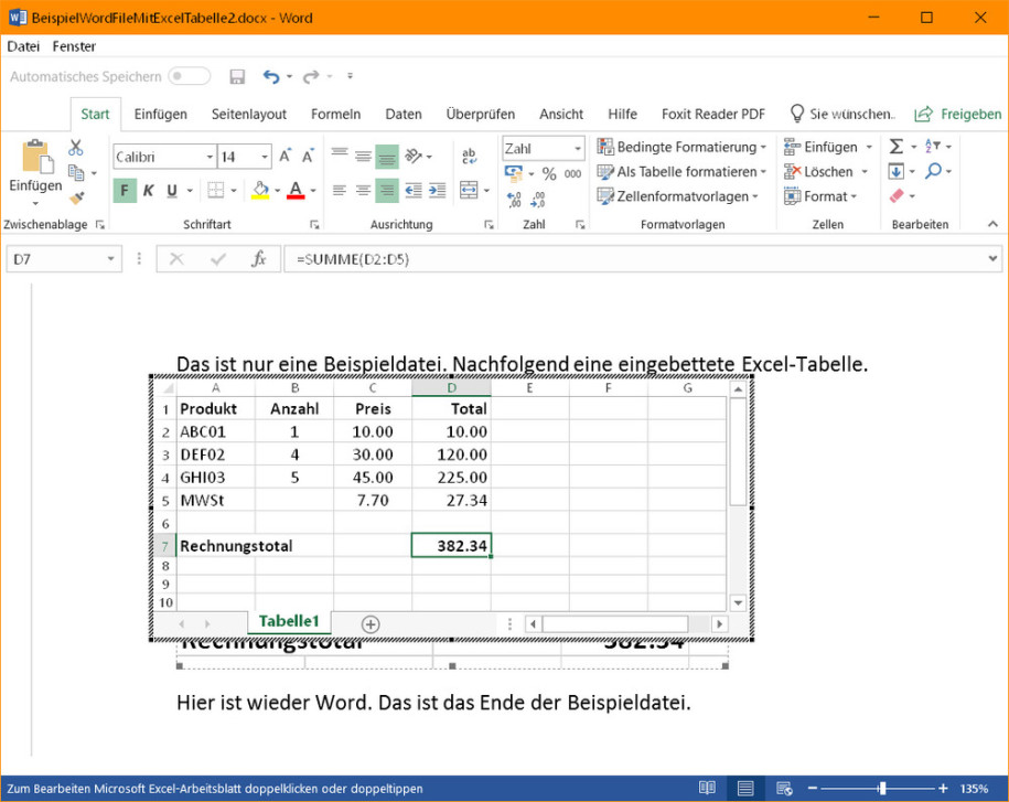 Word: Excel-Tabelle ohne Gitternetz einbinden - onlinepc.ch