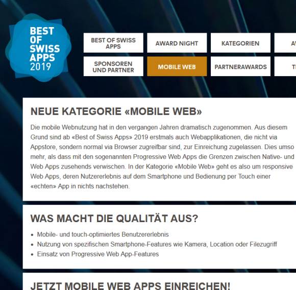 Best of Swiss Apps 2019 neu mit Kategorie «Mobile Web» 