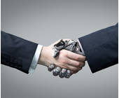 Mensch und Roboter schütteln die Hände