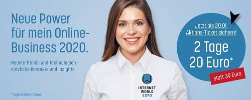 Shoppen ist auch das Stichwort im März: Am 10. und 11. März findet unsere INTERNET WORLD EXPO in München statt - mit Themen rund um den Online-Handel, Logistik und Software. Banner