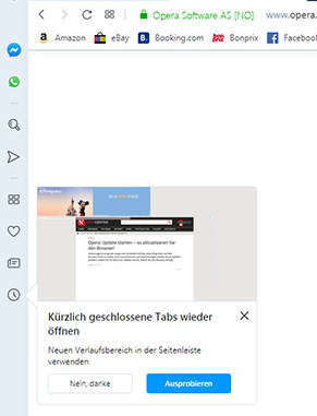 Im Opera-Browser können ab Version 66 kürzlich geschlossene Tabs besser als bisher wiederhergestellt werden. Opera