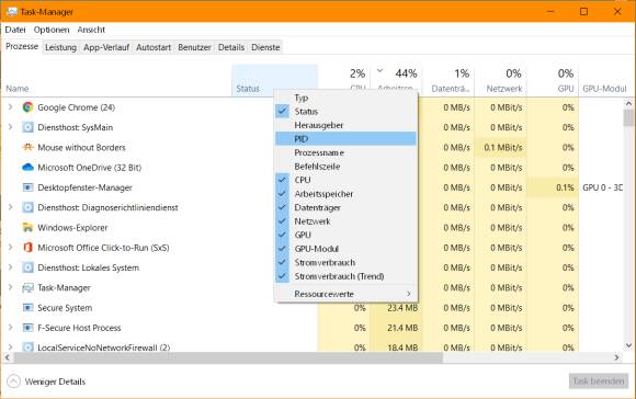 Der Task-Manager in Windows 10 zeigt noch keine Prozess-ID