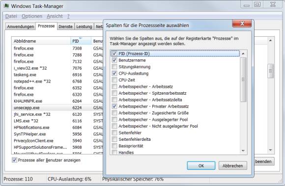 In Windows 7 ist das Einschalten der Prozess-IDs besser versteckt