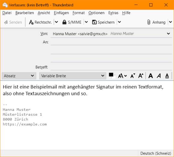 Beispiel einer reinen TXT-Signatur in Thunderbird, ohne Textgestaltung