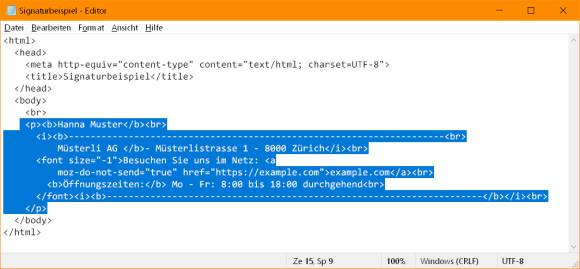 Der HTML-Code der Signatur im Notepad-Editor