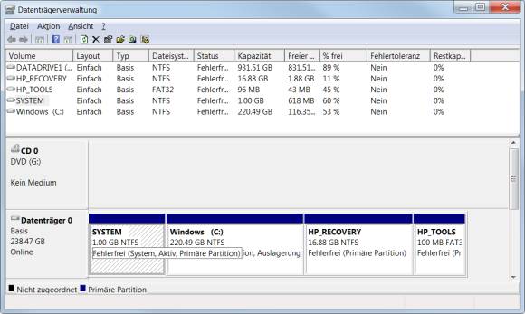 Systempartitionen in der Datenträgerverwaltung