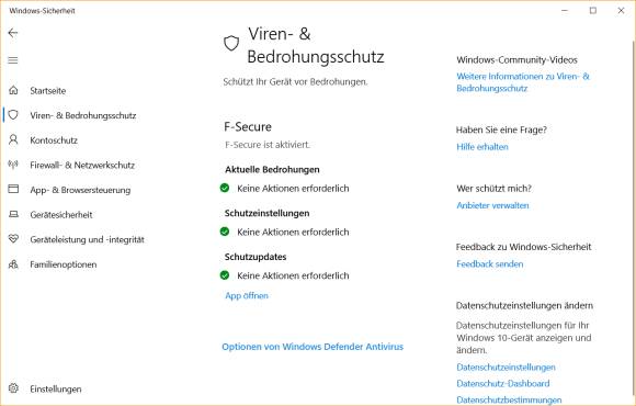 Antivirus-Einstellungen in Windows 10 