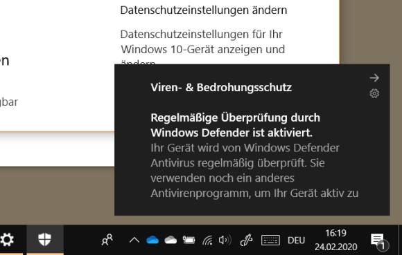 Das Action-Center meldet: Regelmässige Scans durch den Windows Defender sind aktiviert