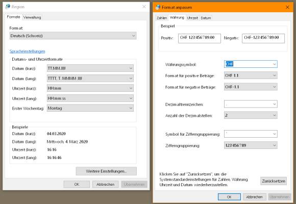 In Windows 10 ist als Währungsabkürzung CHF eingestellt.