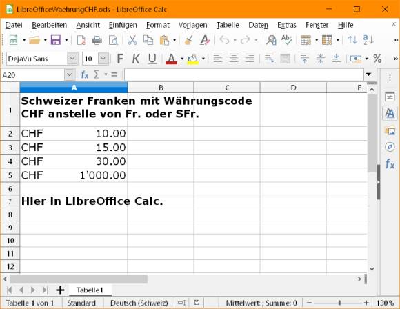 Währung erscheint als CHF in LibreOffice Calc