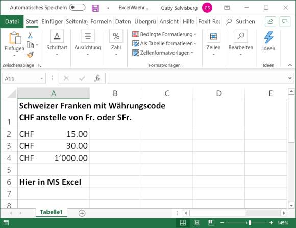 Und genauso auch in Excel