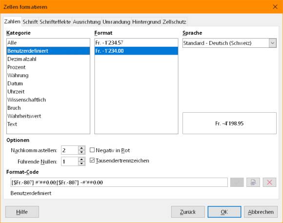 Fr. lässt sich in LibreOffice Calc als benutzerdefiniertes Format eingeben