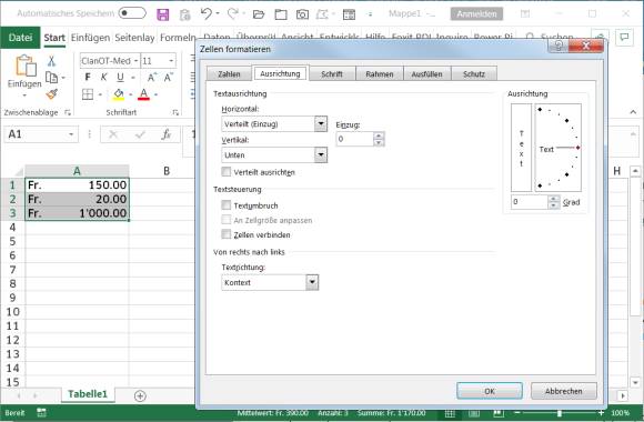 In Excel von Office 365 wählen Sie das Zellformat «Währung» und greifen unter «Ausrichtung» bei «Horizontal» zu «Verteilt»