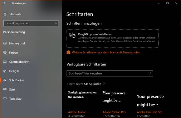 Die neue Schriftarten-Verwaltung in Windows 10 - hier lassen sich keine .pfm-Files hineinziehen