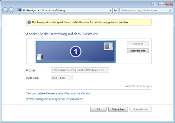 Innerhalb der Remote-Session können Sie die Auflösung nicht ändern