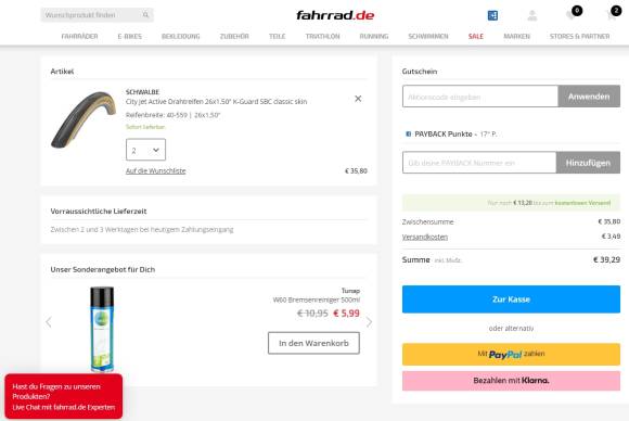 Klarna express-Button Instant Shopping  fahrrad_de