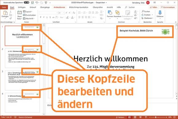 Wie bearbeitet man die Kopfzeile in PowerPoint? 