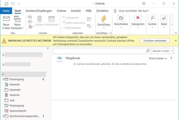 Outlook meldet eine getaktete Verbindung 