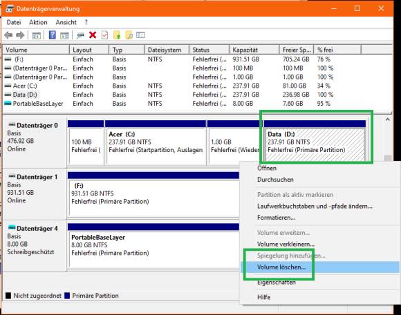 Hier lässt sich zumindest die Datenpartition löschen