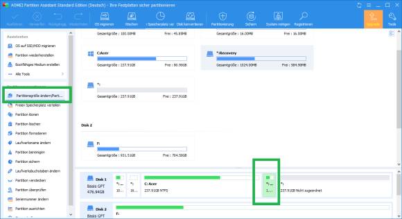 Klicken Sie die zu verschiebende Partition an und gehen Sie in der linken Spalte zu Partitionsgrösse ändern