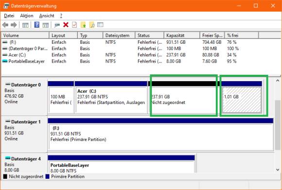 Der Nicht zugeordnete Bereich steht jetzt direkt rechts von Laufwerk C: