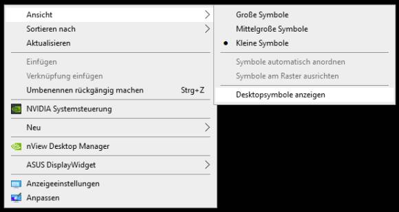 Rechtsklick, Ansicht, Desktopsymbole anzeigen