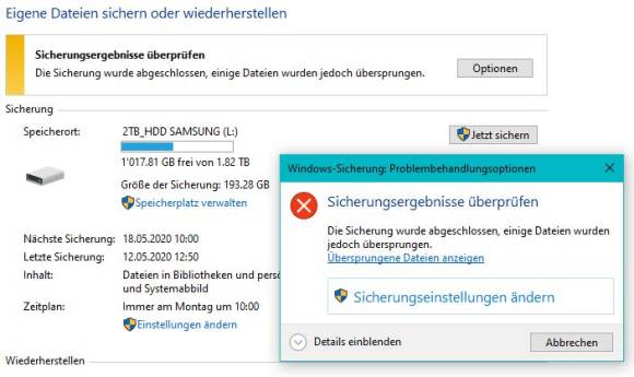 Windows-Backup findet ein Element nicht 