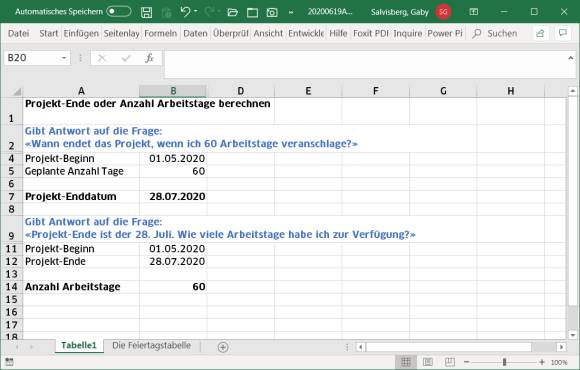 Excel-Screenshot mit Arbeitstag-Berechnungen 