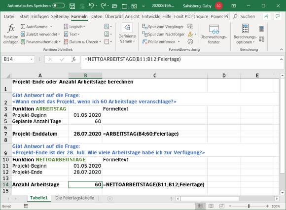 Excel-Screenshot mit Beispielen für die beiden Formeln