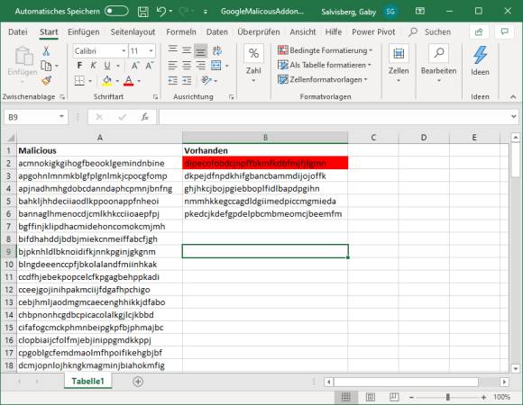 Excel-Tabelle mit markiertem Vergleichs-Treffer 