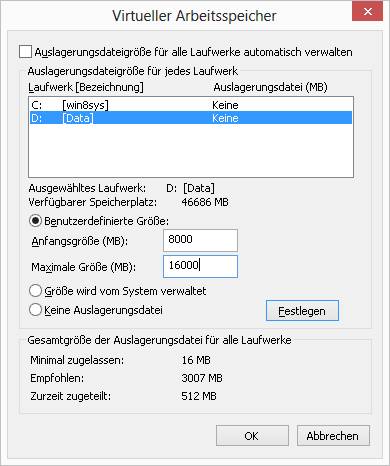 Auslagerungsdatei entfernen oder (besser) auf anderes Laufwerk verschieben