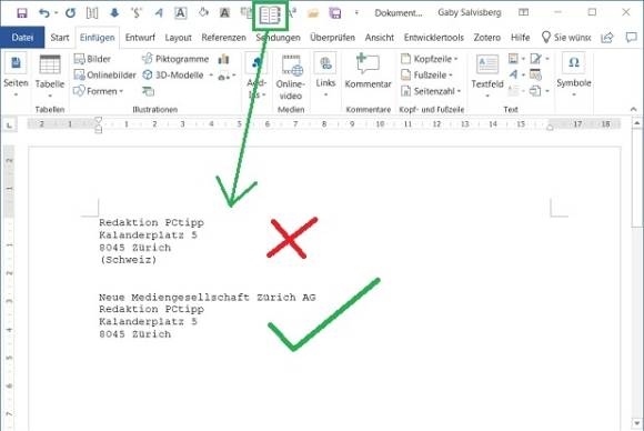 Falsches und richtiges Adresslayout in Word 