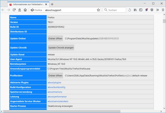 Firefox Infos zur Fehlerbehebung