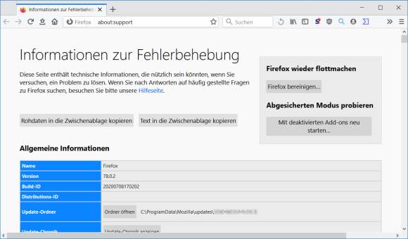Firefox Hilfe-Infos und Zurücksetzen-Button