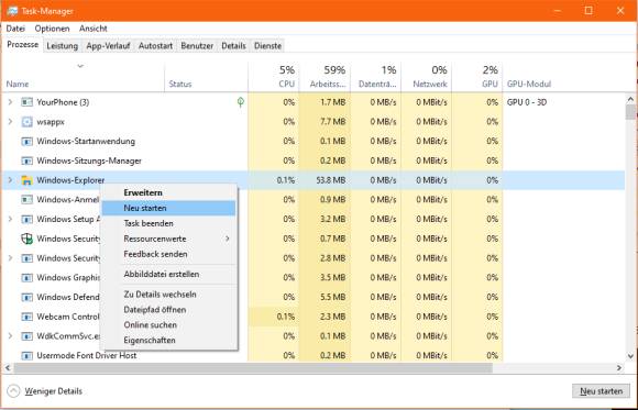 Damit Sie den PC nicht neu starten müssen, tut's auch ein Neustart des Windows-Explorers