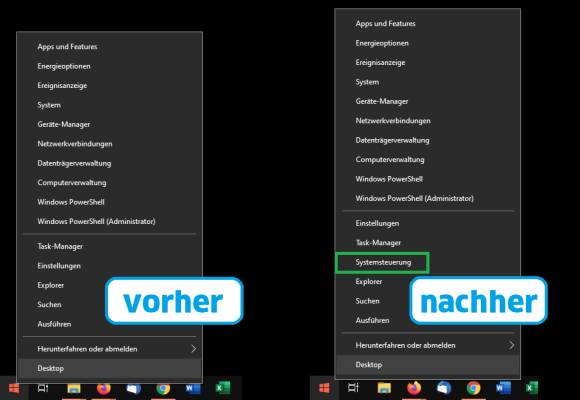 Einmal ohne und einmal mit der Systemsteuerung im Windows-X-Menü 