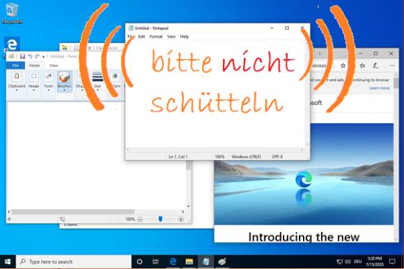 Windows-Fenster mit Beschriftung "Bitte nicht schütteln" 