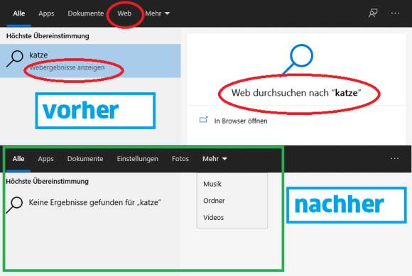 Mit Websuche (oben) und ohne Websuche (unten) 