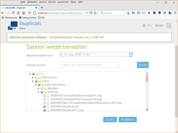 Wählen Sie das Datum und kreuzen Sie die gewünschten Dateien an