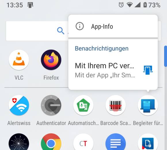 Screenshot mit Kontextmenü inkl. App-Info